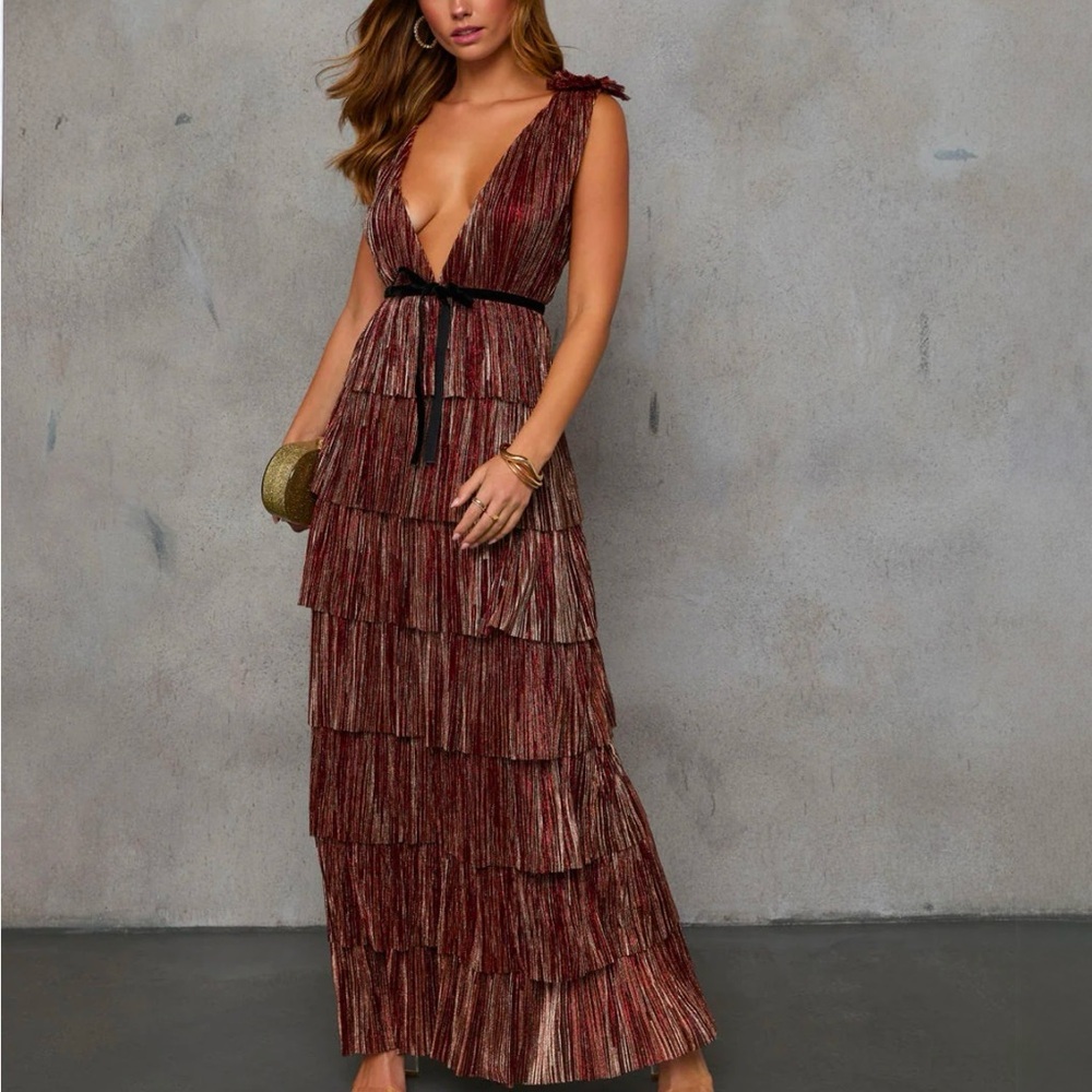 Vici Metallic Rust Tiered Maxi Dress
